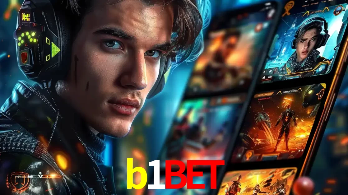 Jovem jogador com fones de ouvido olhando para a câmera, com um aplicativo de jogos e e-sports para celular ao fundo, pronto para a competição e apostas no b1bet.