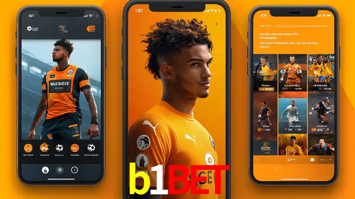 Interface do aplicativo de apostas esportivas b1bet em três telas de celular, mostrando o perfil de um jogador de futebol e a lista de jogos disponíveis para apostar.
