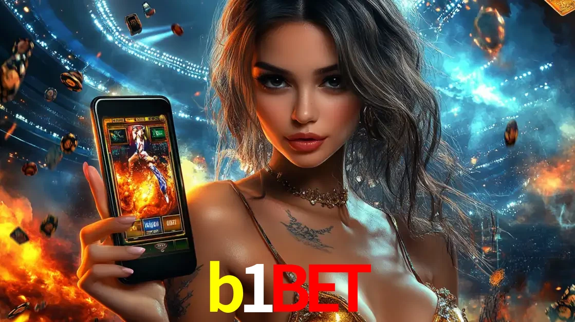 Mulher segurando um celular com um jogo de slot em destaque, tendo como fundo um estádio vibrante, simbolizando a emoção de jogar no cassino móvel b1bet.